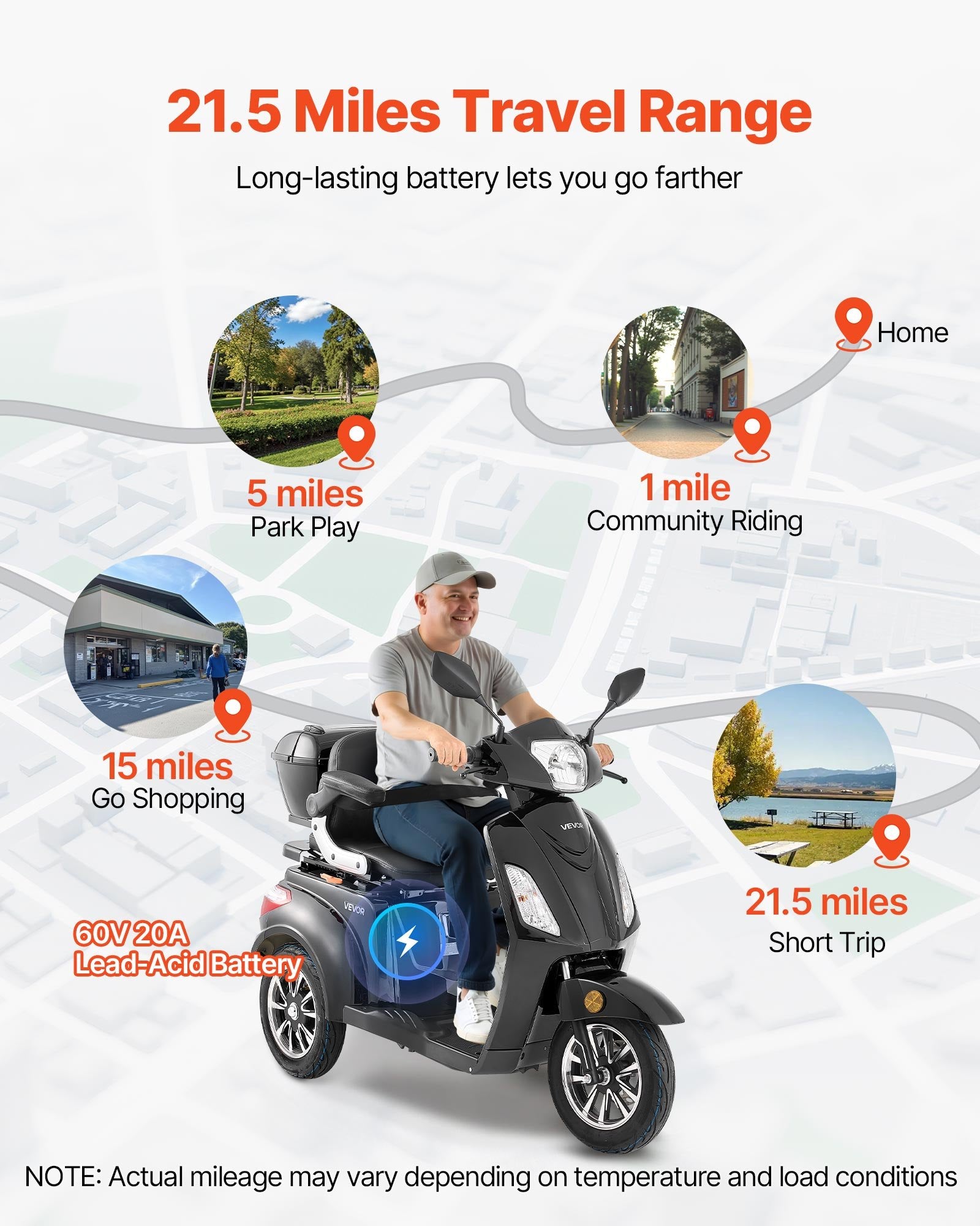 Heavy Duty 3-Wheel Mobility Scooters For Seniors & Adults, 500lbs Capacity, 21.5 Miles 3-Speed Long Range, 1000W All Terrain Electric Recreational Scooter Wheelchair, 20° Max Climbing Capacity